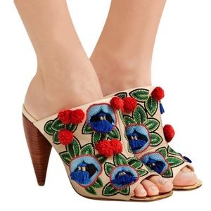 LIKE NEW Tory Burch Embroidered Pom Pom Heels